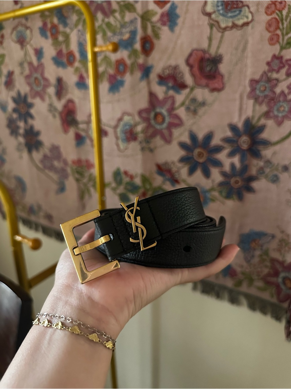 Saint Laurent Black Leather Belt with Gold YSL Buckle